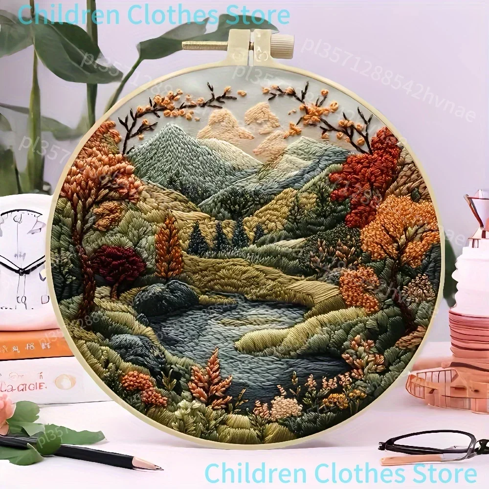 Kit de broderie à la main pour débutants, paysage de montagne et de lune, couleurs mélangées, tissu inclus, cadeau parfait fait à la main