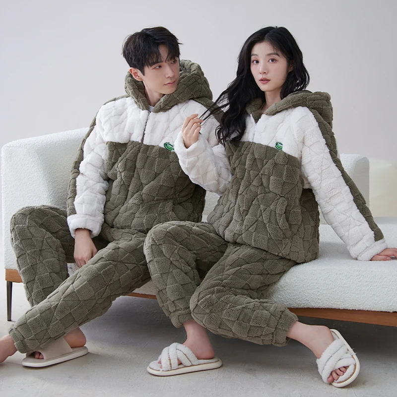 High Quality Couple Hooded Pajamas Set Women Men Casual Thick 3 Layers Pijama Winter knited Cotton Quilted Pyjamas