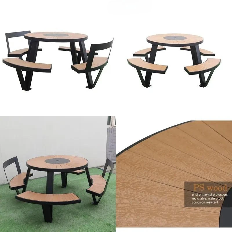 Weather-resistant commercial terrace modern round wooden and metal dining table and chair set