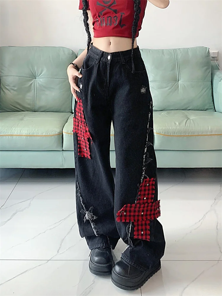 Chic Ripped Jeans for Women American Retro Patchwork Loose Floor Length Denim Pants Trendy Street Wide Leg Pants Autumn New