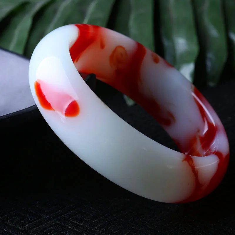 

Natural Red and White Hand Carved Wide Bar Jade Bracelet Fashion Boutique Jewelry Women's Chicken Blood Bracelet Popular Gift ﻿