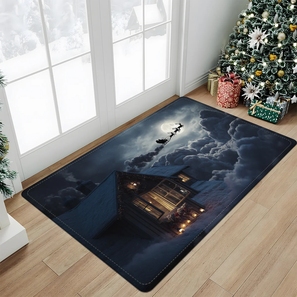 Snowy Night Christmas Door Mat Carpet, Santa Sleigh Snowman Design Plush Thick Polyester Non-Slip Front Door Living Room Decor
