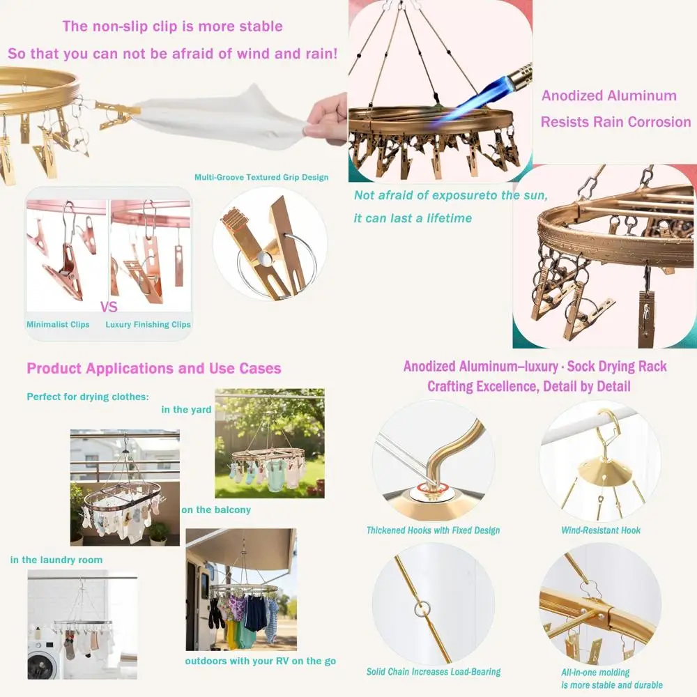 

Aluminum Hanging Rack with 26 Clips for Socks, Baby Clothes, Lingerie - Space-Saving Oval Design, Wind-Resistant Hooks (Dark Red