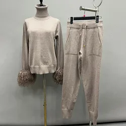 Customized Turtleneck Knitted Sweater with Real Mongolian Fur Cuffs Fashion Casual Genuine Wool Warm Sweater Set