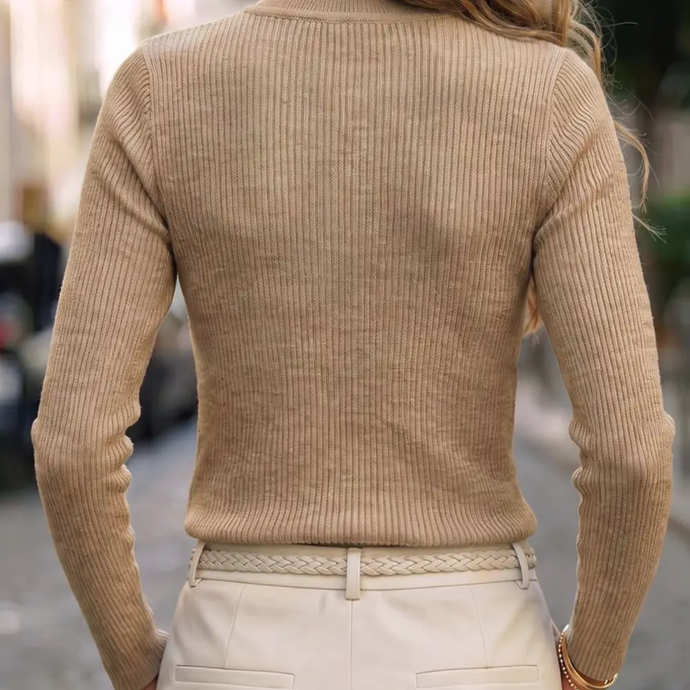 Autumn Winter Womens Sweater Slim Fit Knitted Pullover Mock Neck Long Sleeve French Vintage Style Solid Color Elegant Top