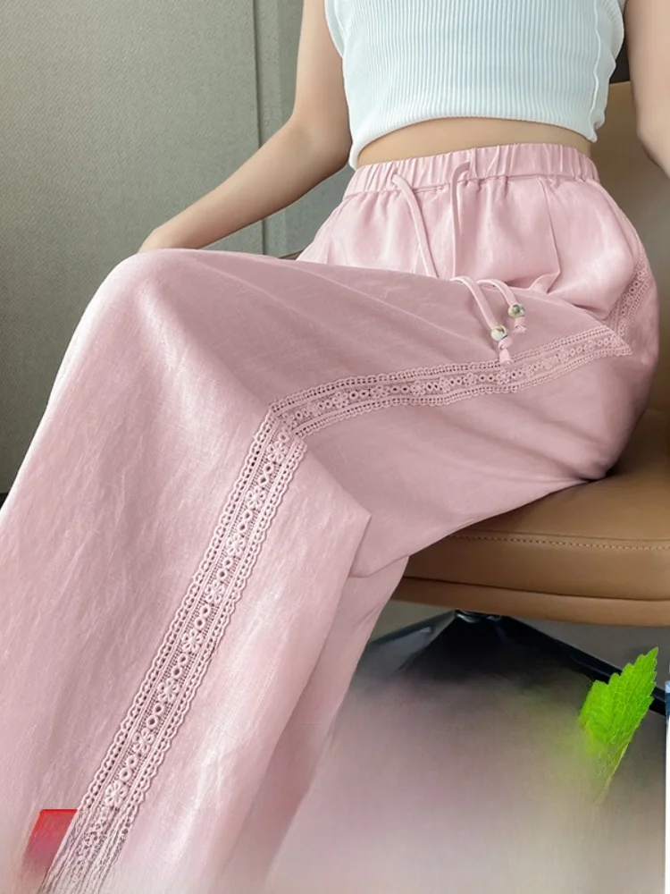 

Широкие брюки из ледяного шелка для женщин, летние, тонкие, прямые, повседневные, с кружевными вставками, с высокой талией, длинные, для офиса