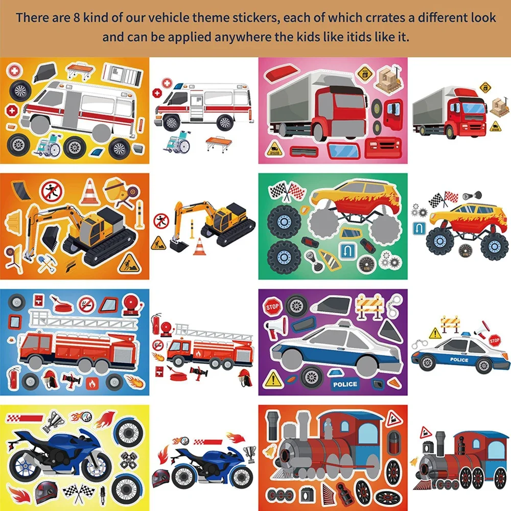 8/16 hojas DIY pegatinas de rompecabezas de coche de ingeniería hacen una cara los niños crear tu propia motocicleta tren camión juego de rompecabezas juguete para niños