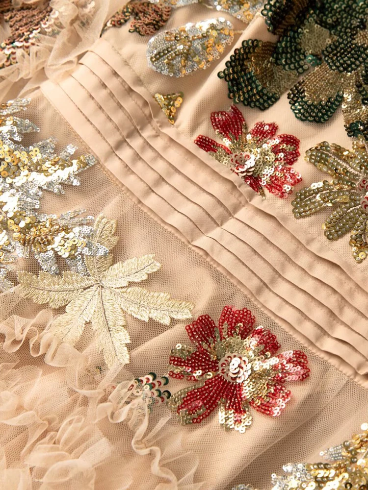 DSFACAIRIJ femmes paillettes fleur broderie Maxi robe col rond lanterne manches volants élégant robe de bal maille automne femme