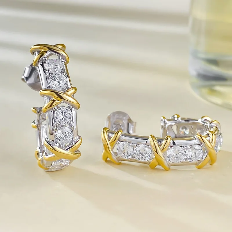 New European and American S925 Silver Cross Colored Solid Silver Gold Plated Full Diamond Earrings, High end Luxury Earhooks