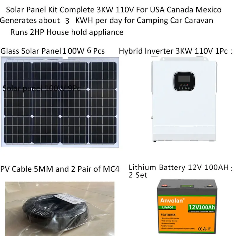 Solar Panel Kit Complete With Lifepo4 Lithium Battery 5000W 5KW 220v Hybrid Inverter Off Grid System Car Caravan Camping Boat