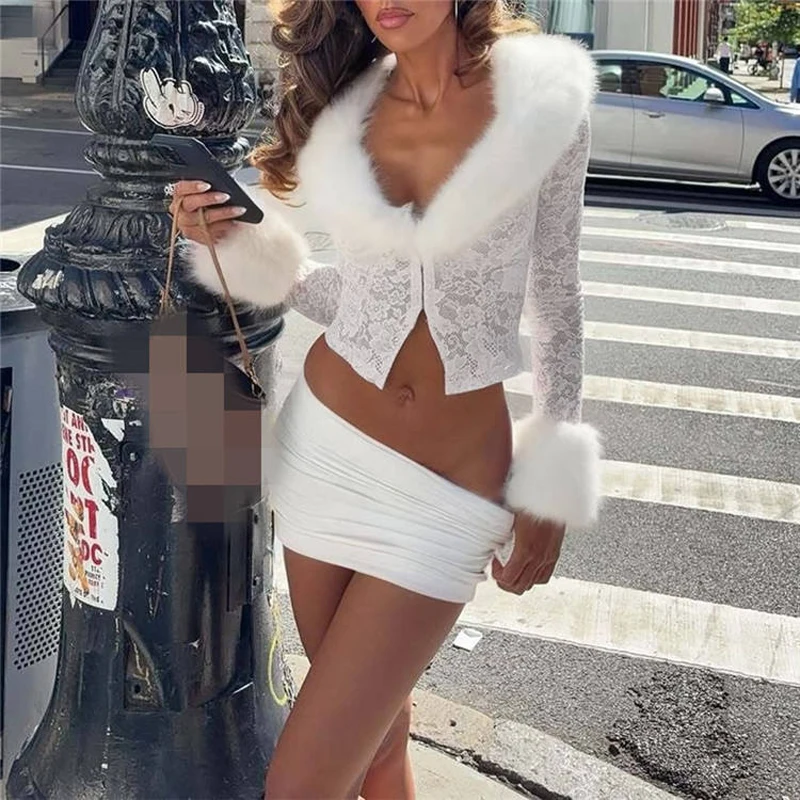 Spring New Style 2 Piece Set Woman Furry Patchwork Lace Hook Buckle Tops and Ruched Mini Skirts High Street Sexy Fashion Suits