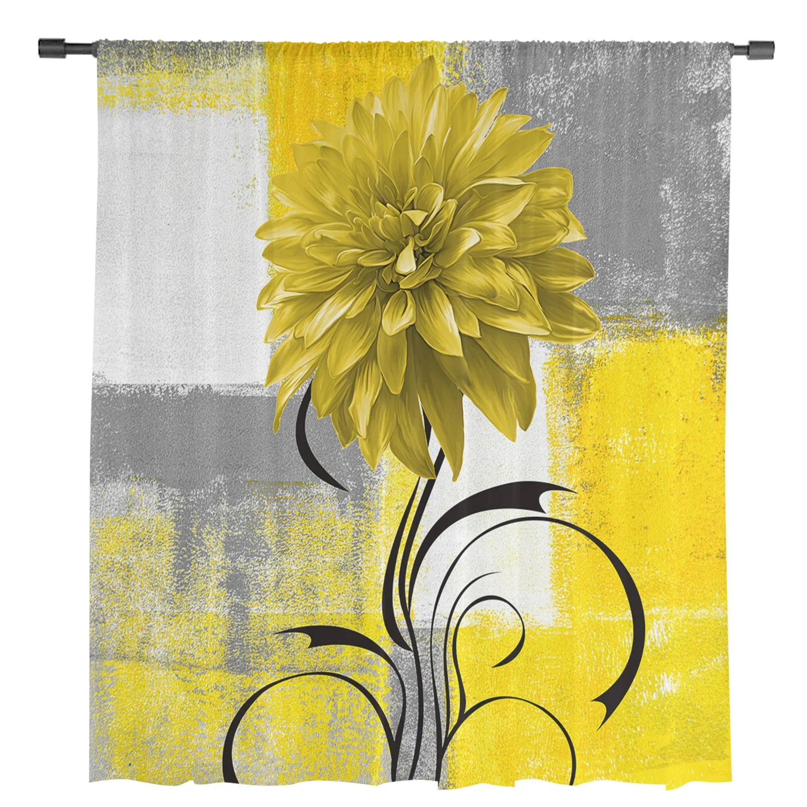 Dahlia Oil Painting Abstract Texture Plant Yellow Flower Tulle Curtains Living Room Kitchen Window Decor Voile Sheer Curtain