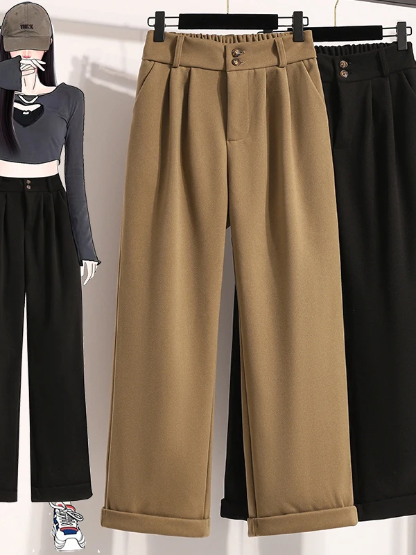 

High Waist Wide Leg Pants for plus Size Women Knitted Woolen Cuffed Casual High Rise Slimming Straight Cut Nine Points Trendy
