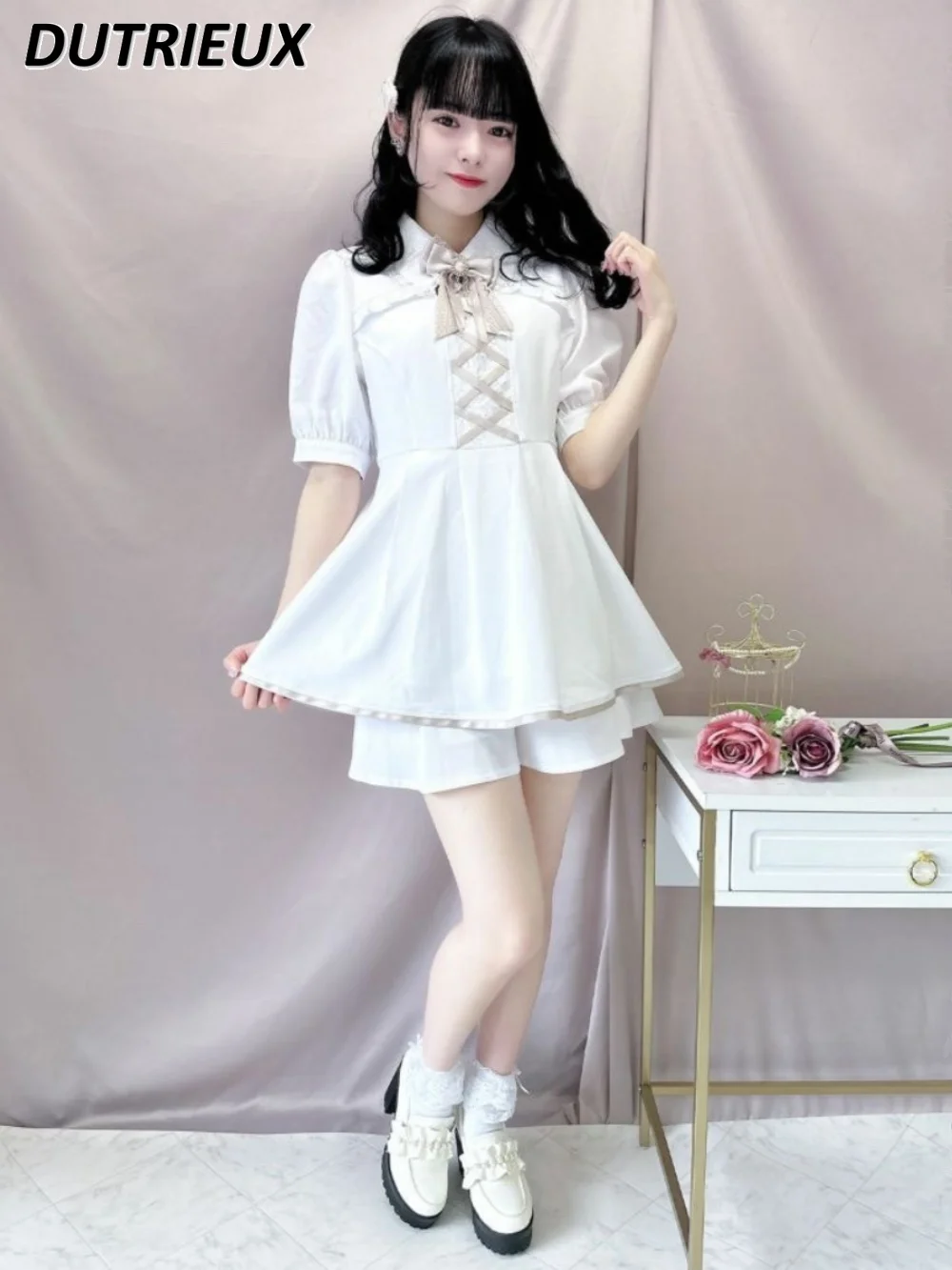 

Rojita Sweet Lace A- Line Short Dress Japanese Women's Clothing Dresses Preppy Style Retro Summer Tops and Base Shorts Suit