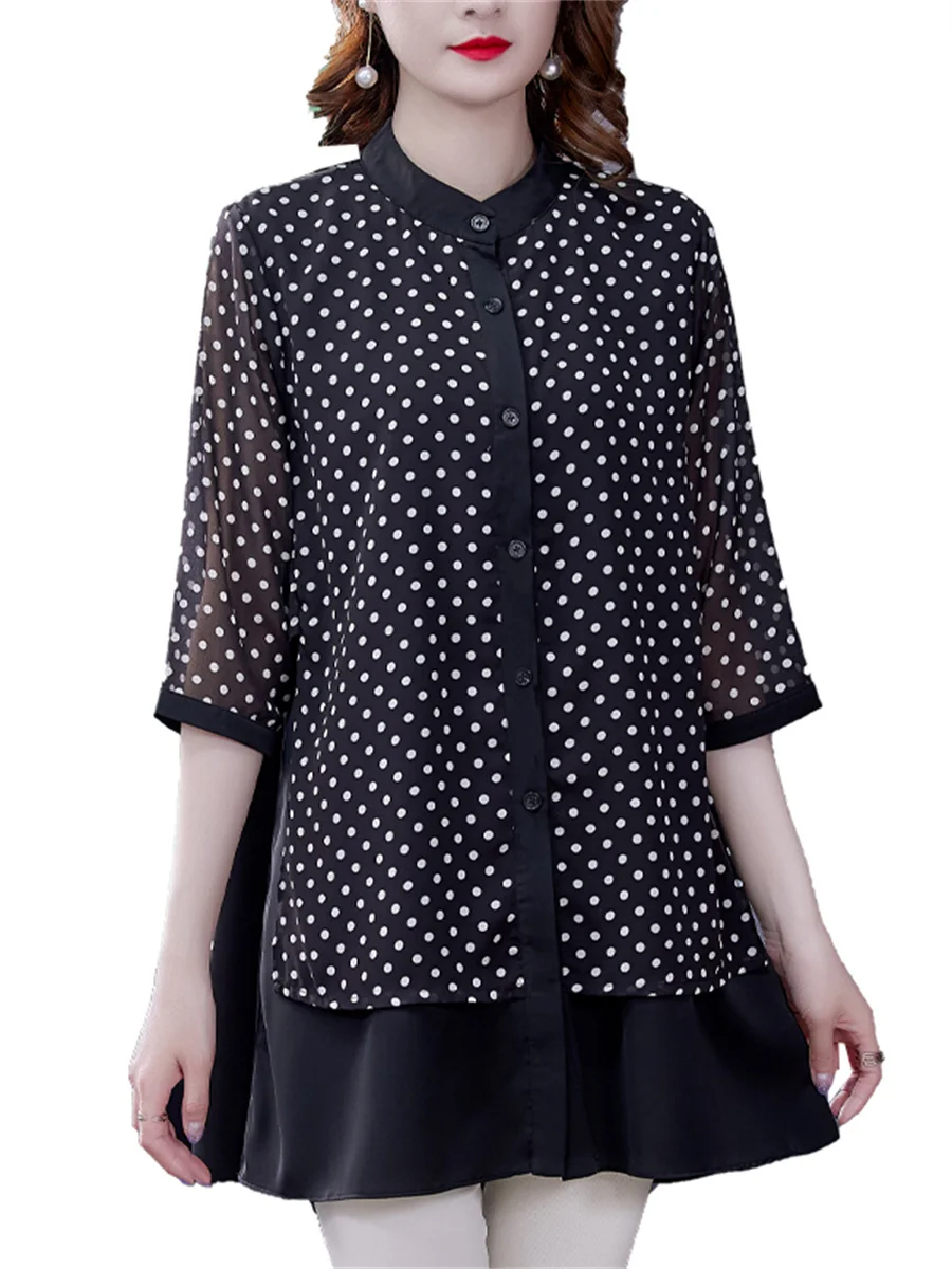 4XL Loos Women Spring Summer Blouses Shirts Lady Fashion Casual Half Sleeve O-Neck Collar Polka Dots Print Blusas Tops CT0420