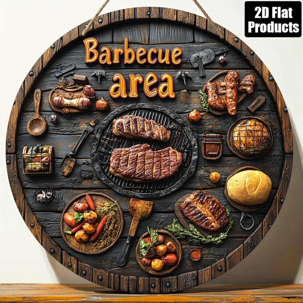 2D Flat, 1pc, Round Wooden Board Decorative Painting Sign, Barbecue Theme, Suitable for Bar, Kitchen, Coffee Shop, Home Room, Li