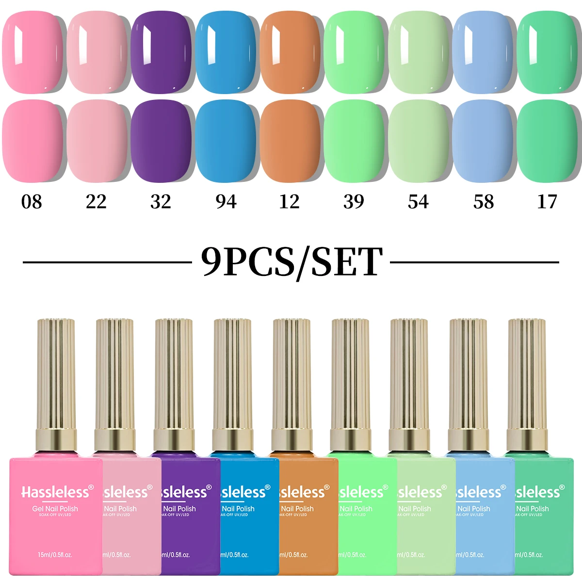 

Hassleless 9-piece set (15ml each), semi-permanent, removable/LED gel nail polish, suitable for all nail types, allows for vario