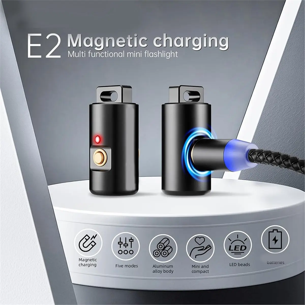 AT16 E2 Mini Keychain Flashlight - Rechargeable USB Magnetic Charging, Compact & Bright LED Pocket Light for Emergencies