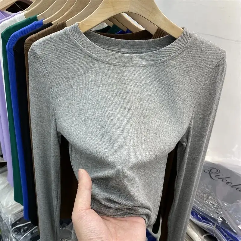 

Autumn Office Lady O-Neck Elastic T-Shirt Women Base Layer Shirt Thin Slim Casual Top Screw Thread Long Sleeve Women T Shirt