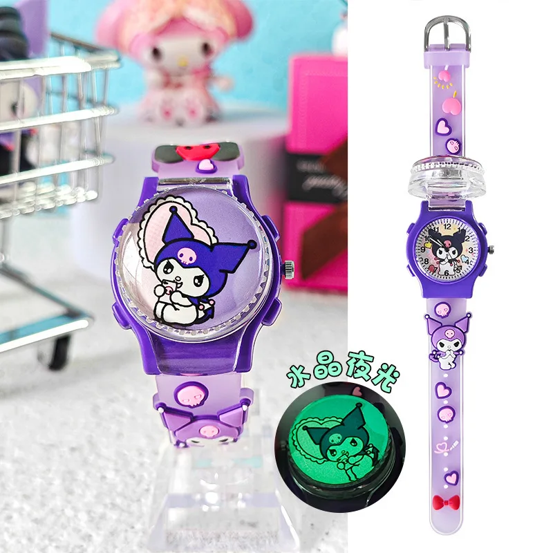 

Часы Sanrios с героями мультфильмов, аниме Kuromi My Melody Cinnamoroll, часы Kawaii, хрустальная нашивка, светящиеся вращающиеся электронные часы с распаковкой