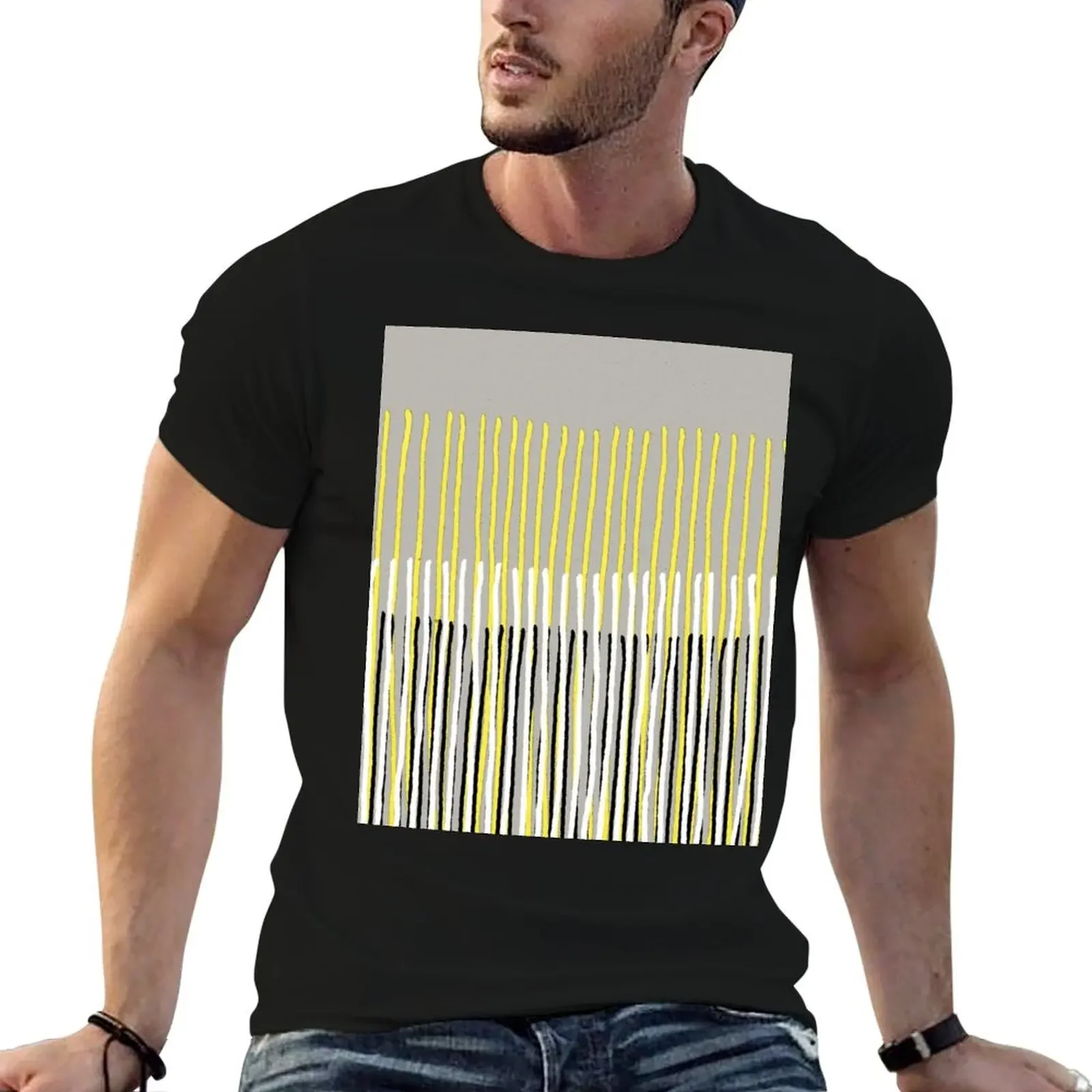 Yellow Rising - Abstract Stripes in Yellow, Grey, Black & White T-Shirt anime mens fashion