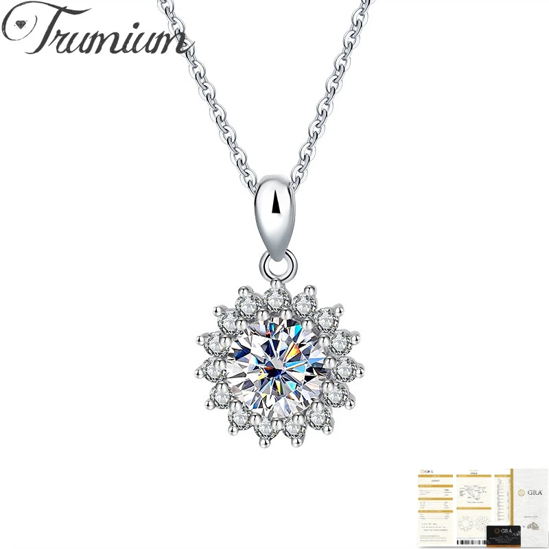 Trumium 1 CT Moissanite Sunflower Necklace 100% 925 Sterling Silver Lab Diamond Pendant for Wedding Bridal Luxury Fine Jewelry