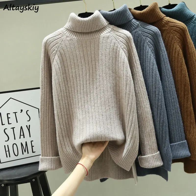 Women Sweaters Simple High Neck Keep Warm Autumn Winter Outwear 2024 Loose Slouchy Knitted Stylish Korean Style Classic Ulzzang