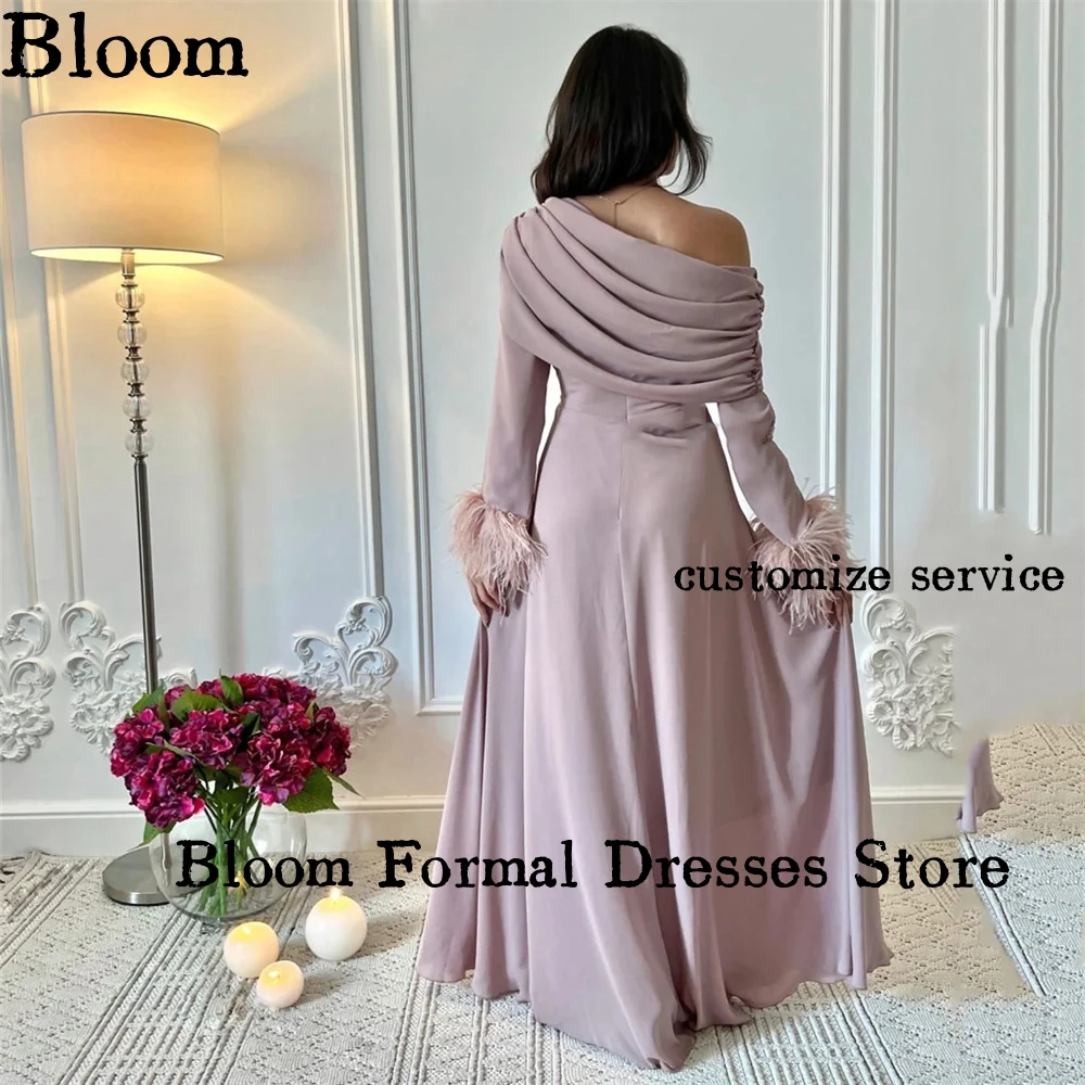 Bloom-vestidos de noche con volantes y hombros descubiertos, manga larga con plumas, línea A, elegantes vestidos formales para fiesta de boda y graduación