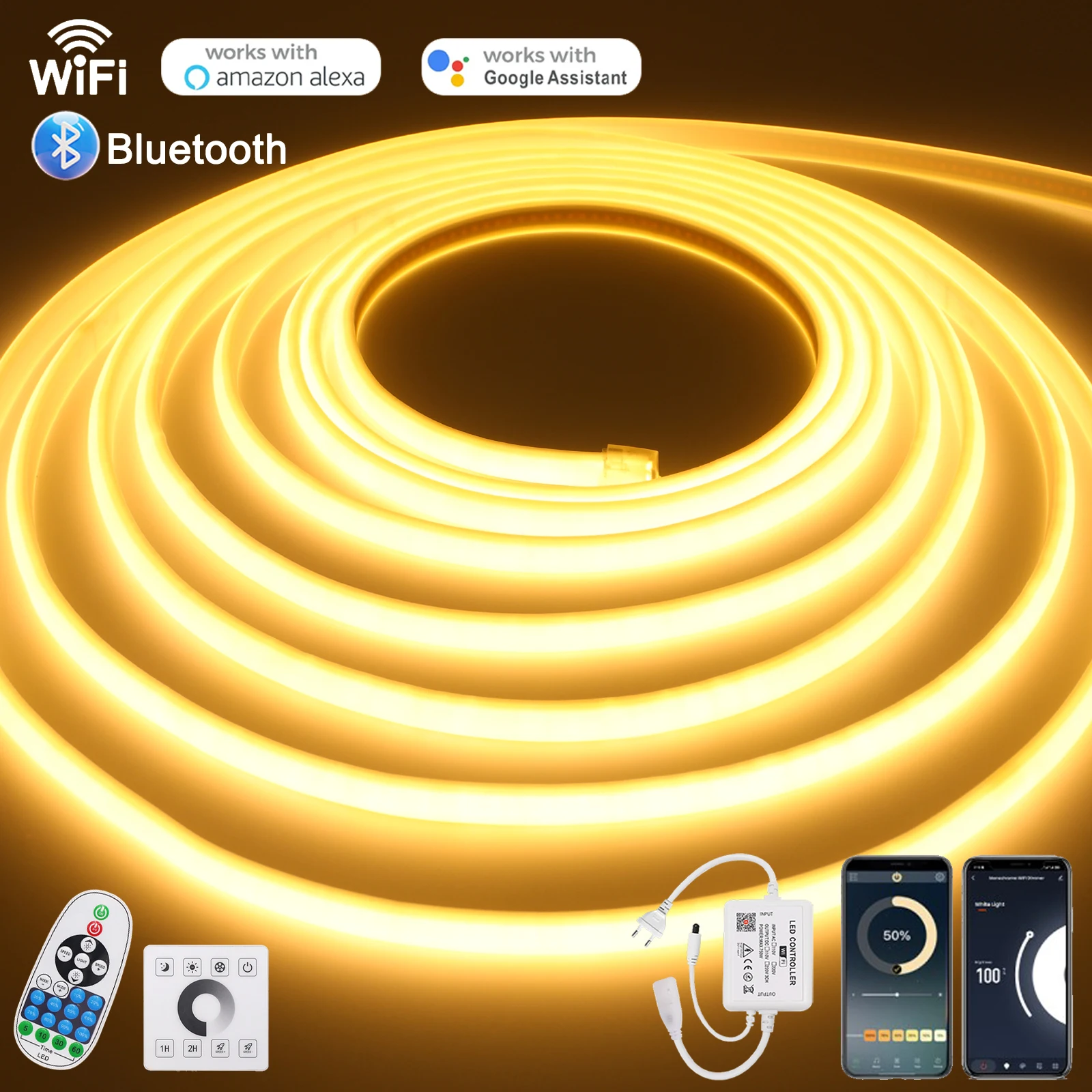 220V COB LED Strip Light WIFI Bluetooth Wall Touch 23Key Remote Control Power Kit Dimmable 240LEDs Waterproof Flexible Neon Tape