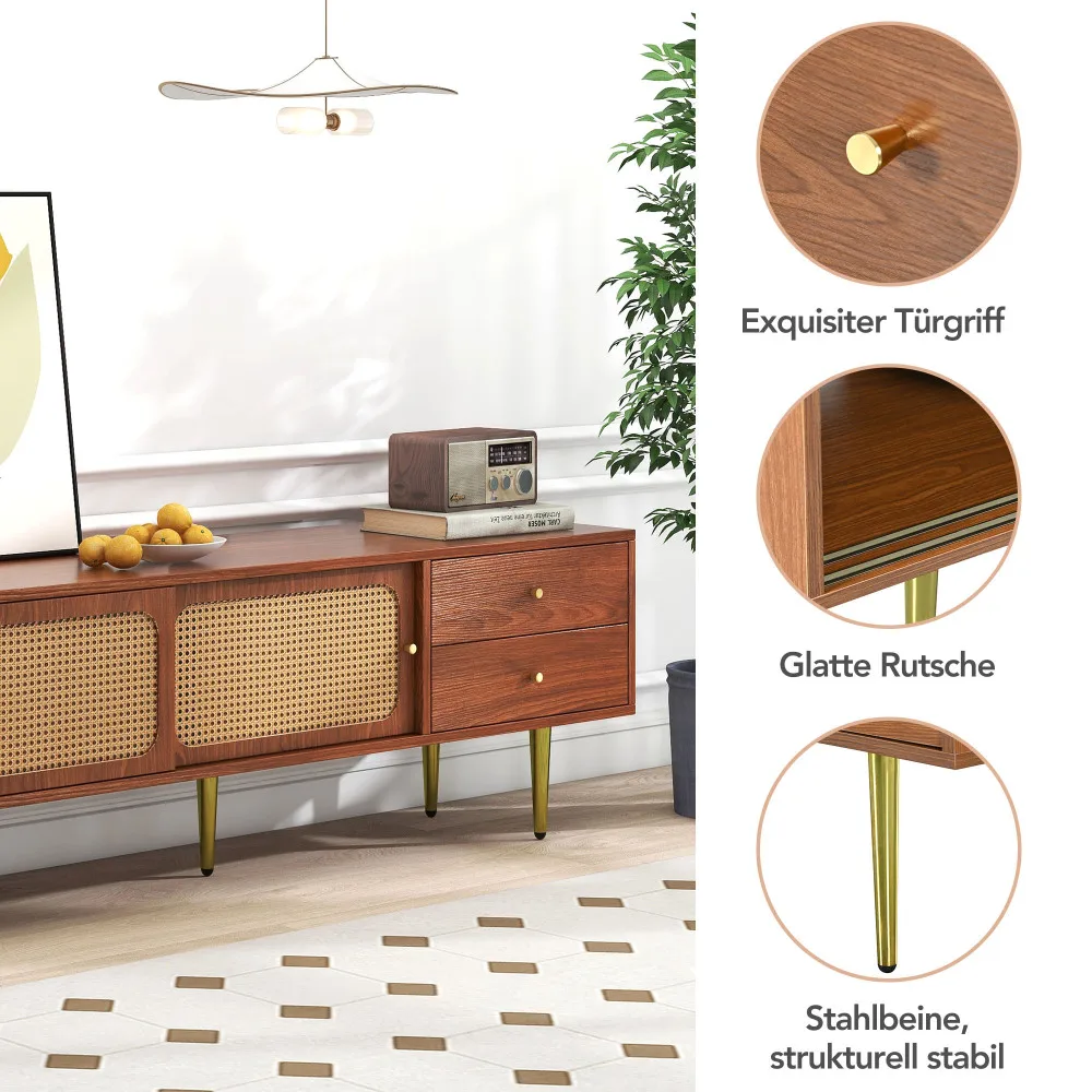 Stilvoller TV-Ständer aus Walnussholz mit 2 Rattan-Schiebetüren und praktischen Schubladen aus dunklem Kunststoff und Rattan – Detail 8