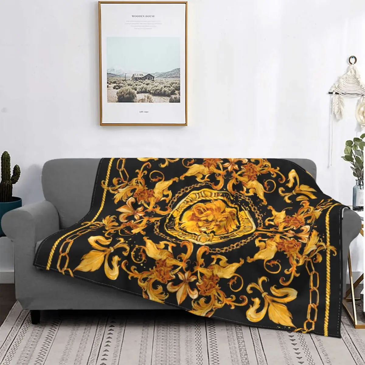 

Golden Lion And Damask Ornament Luxury Blanket Coral Fleece Plush Super Soft Throw Blankets for Home Travel Bedspread