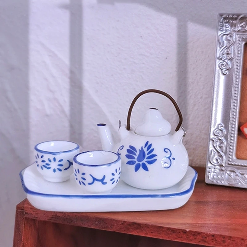1Set Dollhouse Miniature Simulation Ceramic Tea Set Combination Teapot Tea Cup Tea Tray Model Decor Toy Doll House Accessories