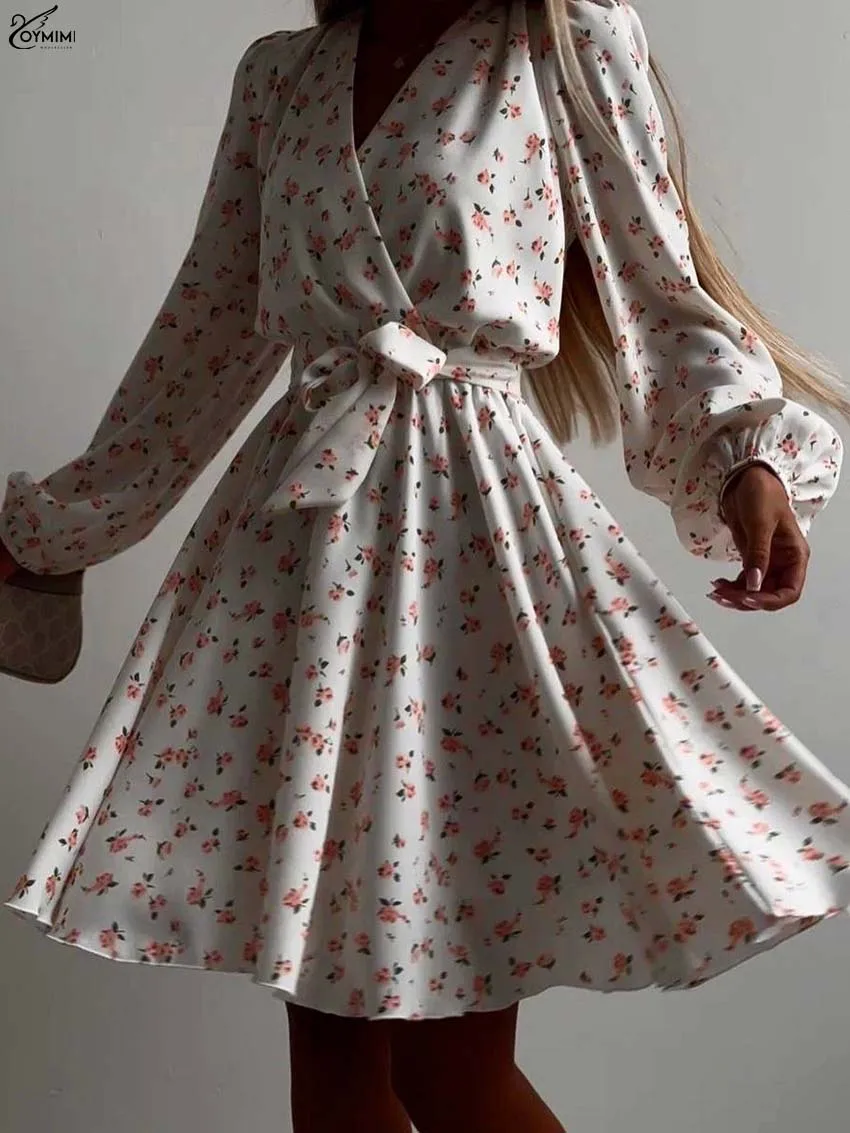 Oymimi แฟชั่นสีขาวพิมพ์ชุดสตรี Elegant V คอยาวแขนยาว LACE-Up ชุดเดรสฤดูใบไม้ร่วงสบายๆมินิชุด streetwear