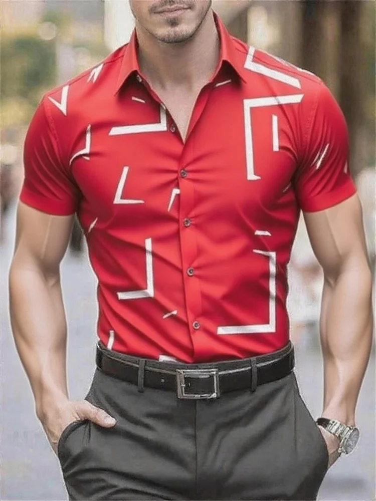 

Men's Shirt Red and White Casual Outdoor Suit Shirt, Geometric Stripes Comfortable Soft Lapel Short Sleeve Men's Shirt, XS-6XL