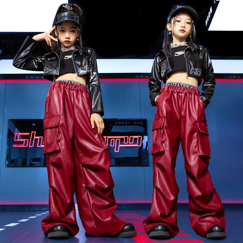 2024 neue Hip Hop Dance Kostüme Für Mädchen Schwarz Mantel Rot Leder Hosen Streetwear Anzug Kinder Moderne Jazz Bühne Kleidung DQS 17958