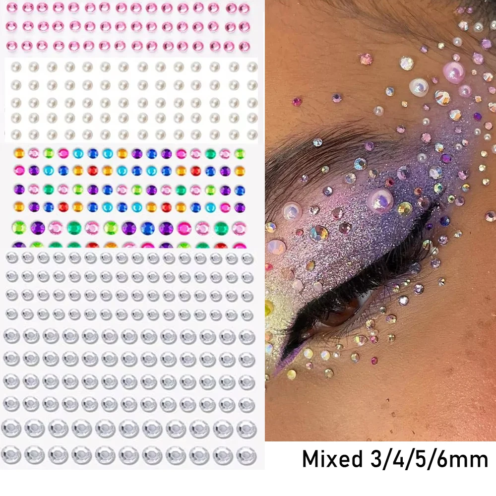 

3D красочные круглые драгоценные камни для лица, временные татуировки, наклейки, смешанные 3/4/5/6 мм, жемчужные украшения, наклейки для макияжа глаз, хрустальные ползунки для лица