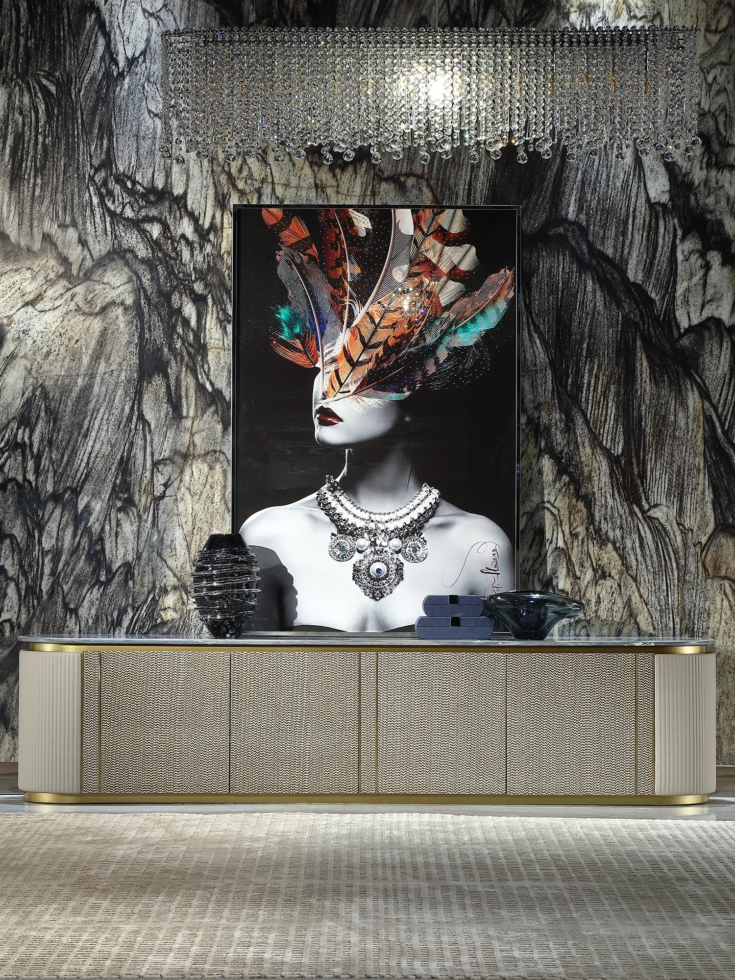Modern Italian light luxury blue sands marble TV cabinet floor cabinet living room furniture