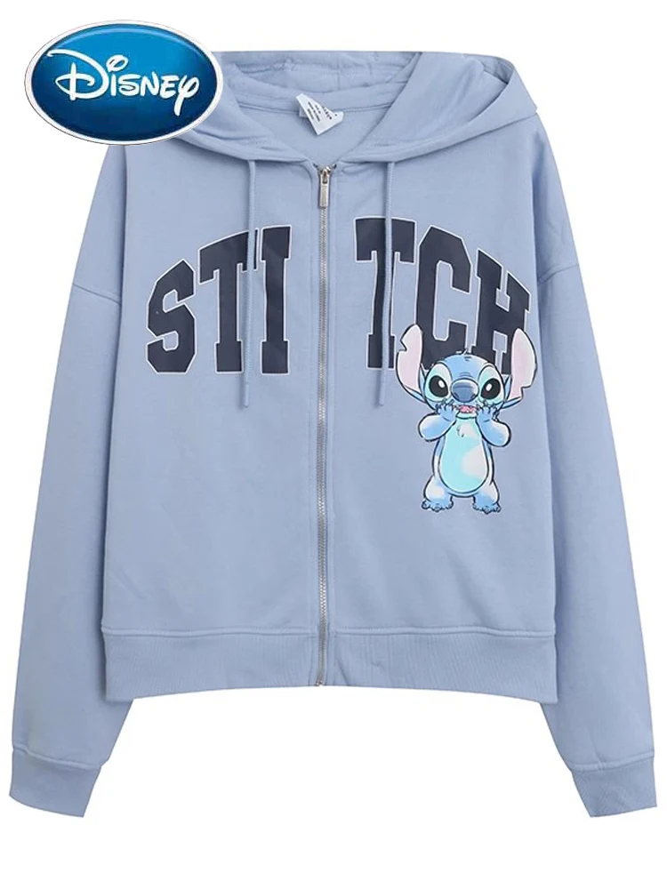 Disney Sweatshirt Stitch Little Monster Letter Cartoon Print Long Sleeve Zip Hooded Women Jumper Fleece Tee Top Femme Streetwear