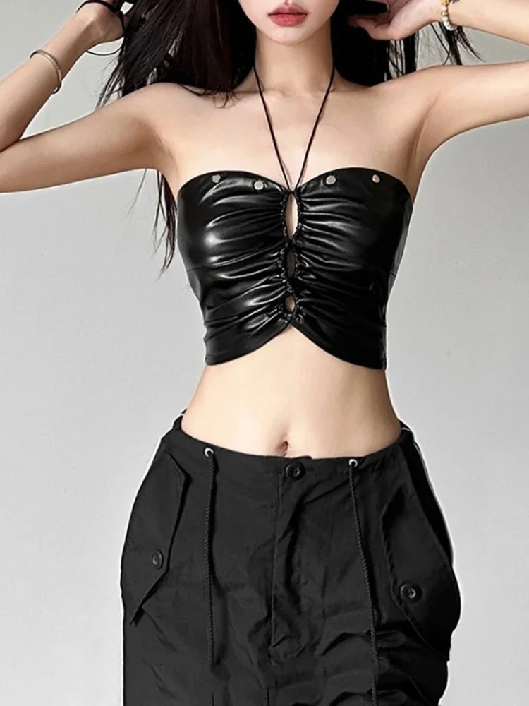 Sexy Hollow Out Shirring Y2k Top Fashion Solid Csmis Crop Tops O-Neck Sleeveless Halter Ropa De Mujer Casual Slim Women Clothes