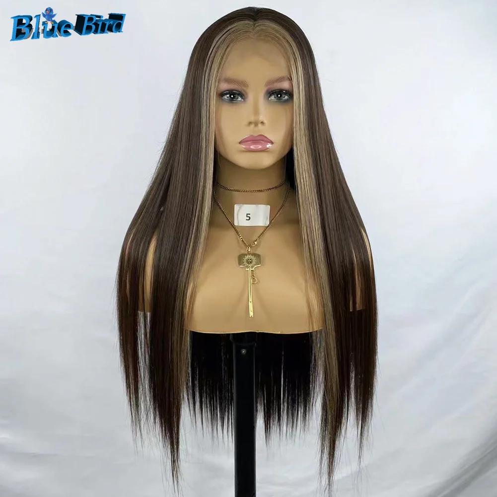 BlueBird Long Brown Balayage Silky Straight Wigs For Women Futura Hair 13x4 Glueless Synthetic Half Hand Tied Wig Daily Used