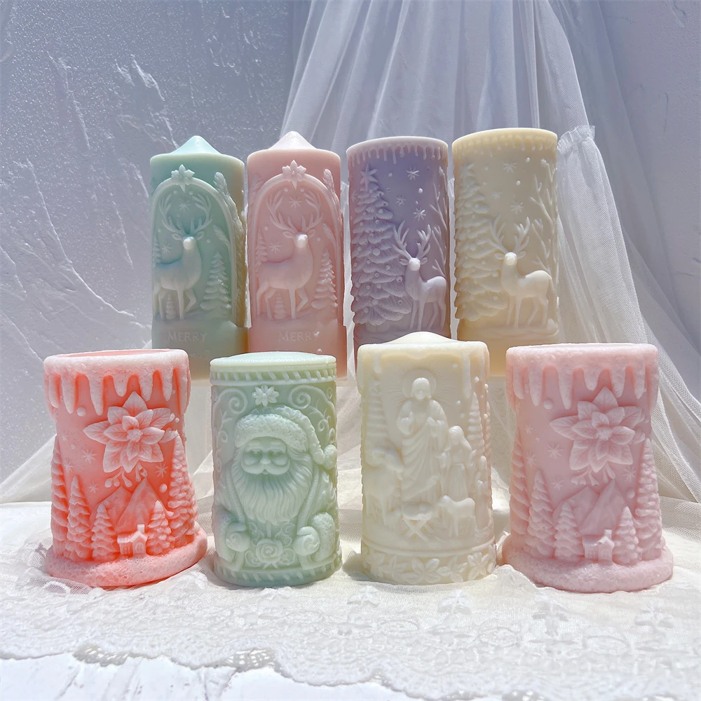 

5 Designs Deer Pillar Silicone Candle Mold Santa Claus Column Silicone Mold Christmas flower Soy Wax Silicone Mould Xmas Decor