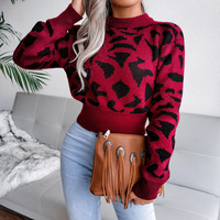 Autumn and Winter Casual Leopard Pattern Sweater Women O-Neck Long Sleeve Knitted Short Pullover