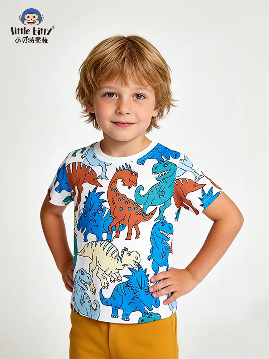 

Summer Cartoon Dinosaur Print Round-Neck Short-Sleeve Shirt for 3-8 Year Old Boys Children's Casual Comfortable Clothing
