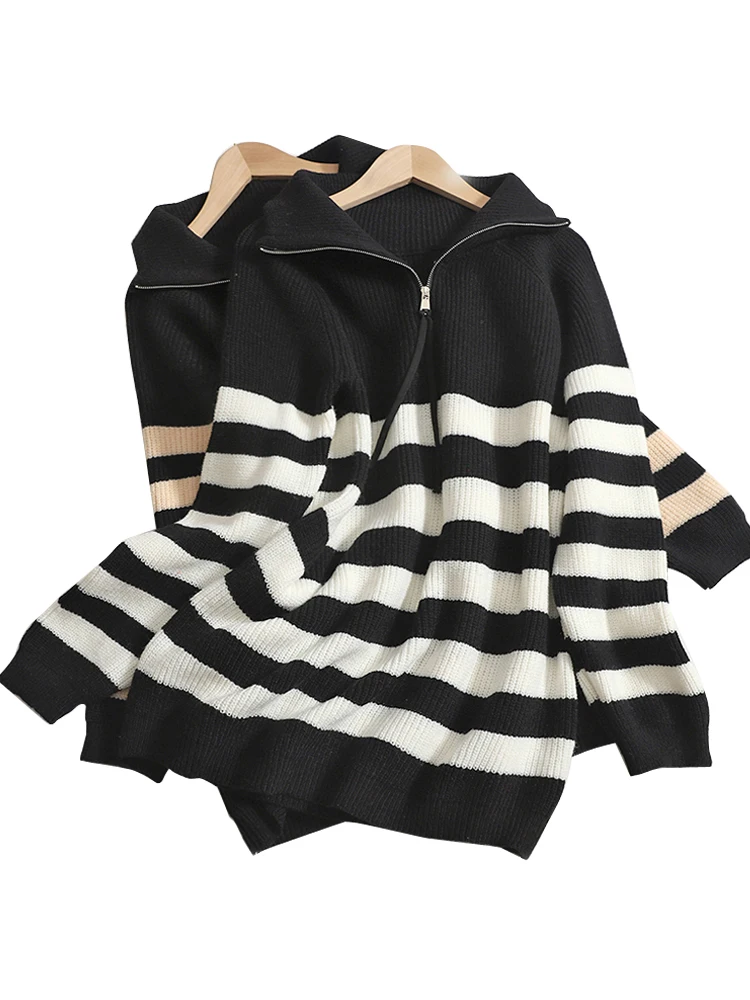 Half High Collar Zipper Striped Collision Head Long-Sleeved Sweater Female Fall Warm New Fashion Loose Top All-Match Jumper