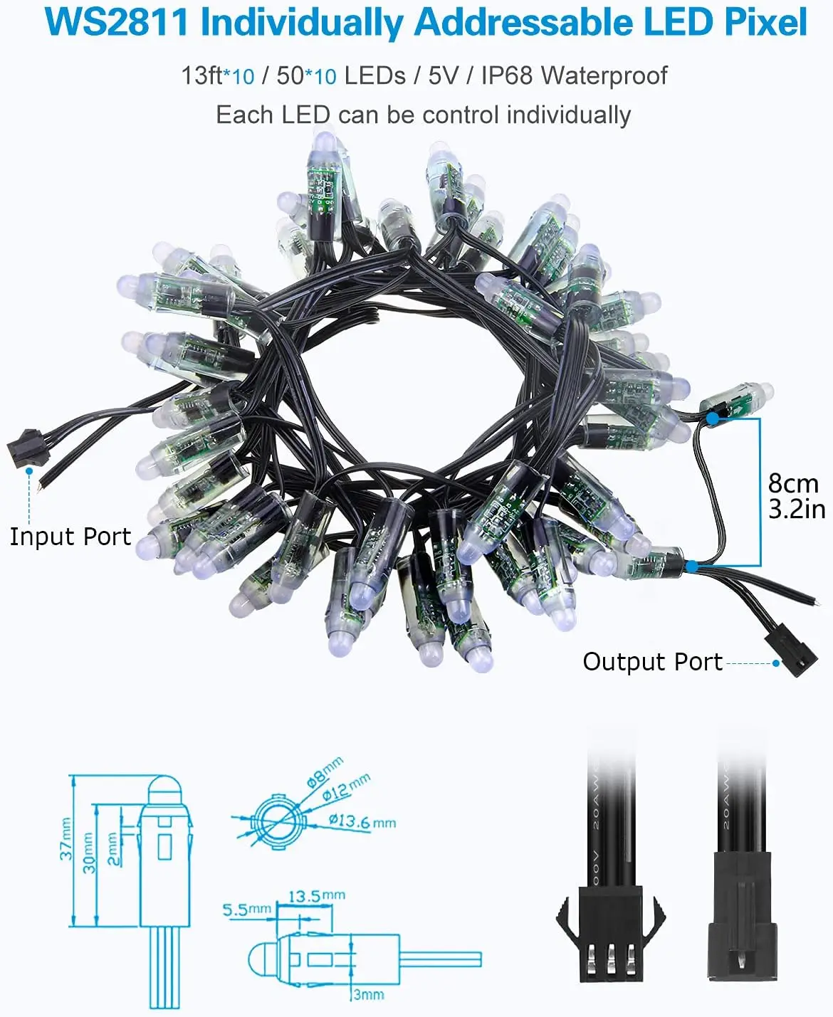 Individually Addressable RGB LED Pixel Lights, 12mm Full Color Diffused Bullet Pixels, 500pcs, DC 5V IP68 Waterproof for Outdoor LED Screens, Billboards, House, Halloween, Christmas Decor