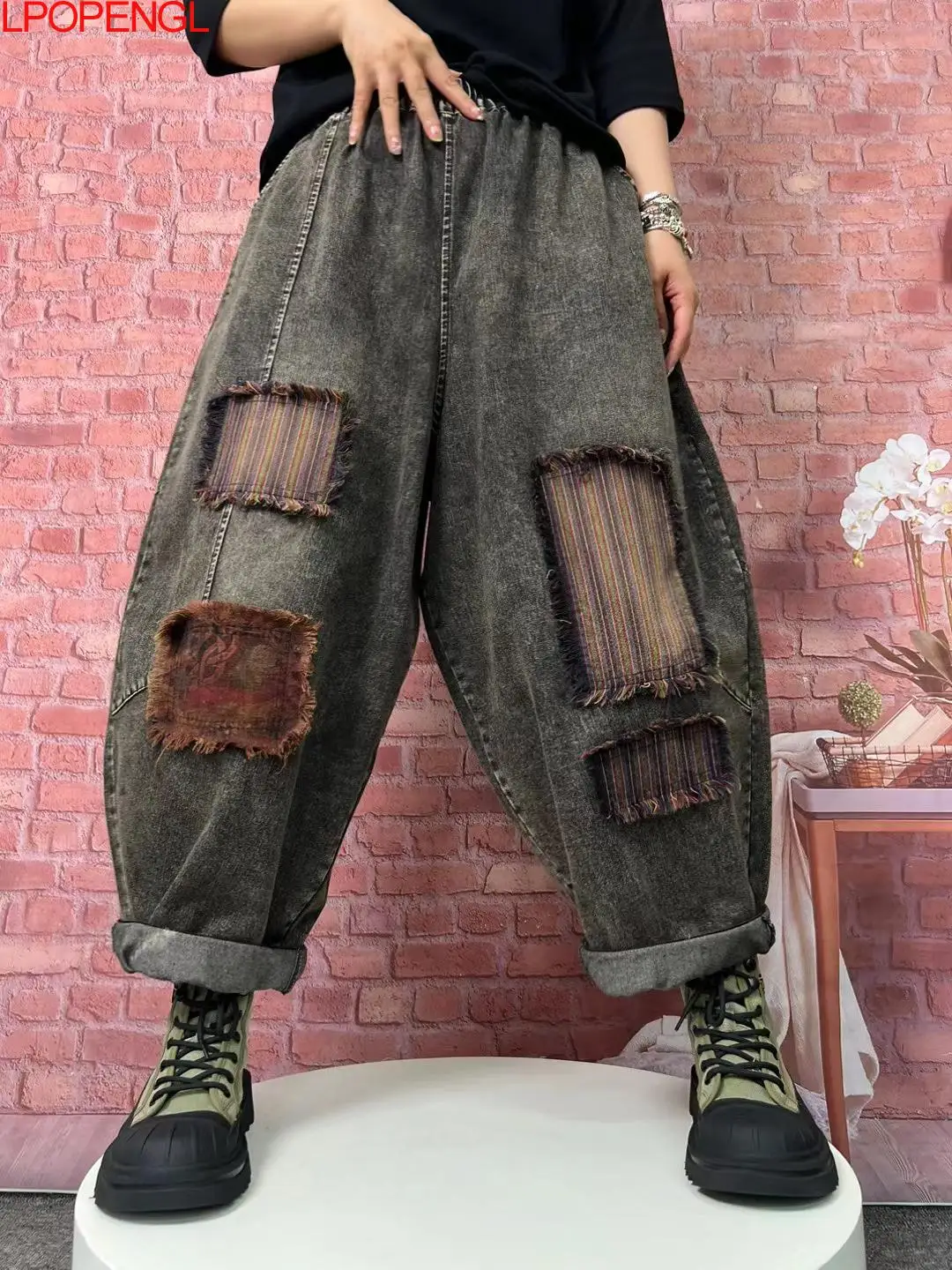 Woman Autumn New Patch Ankle-length Pants Casual Literary Vintage Versatile Loose Jeans Streetwear Straight Denim Harem Pants