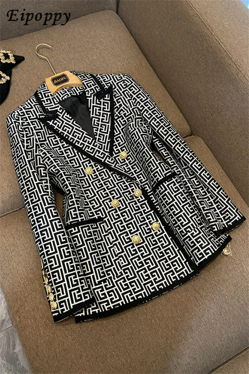 

Vintage Jas Voor Dames Nieuwste Getrimd Dubbele Rij Knopen Geometrische Jacquard Jas Kantoor Dames Business Formele Blazers