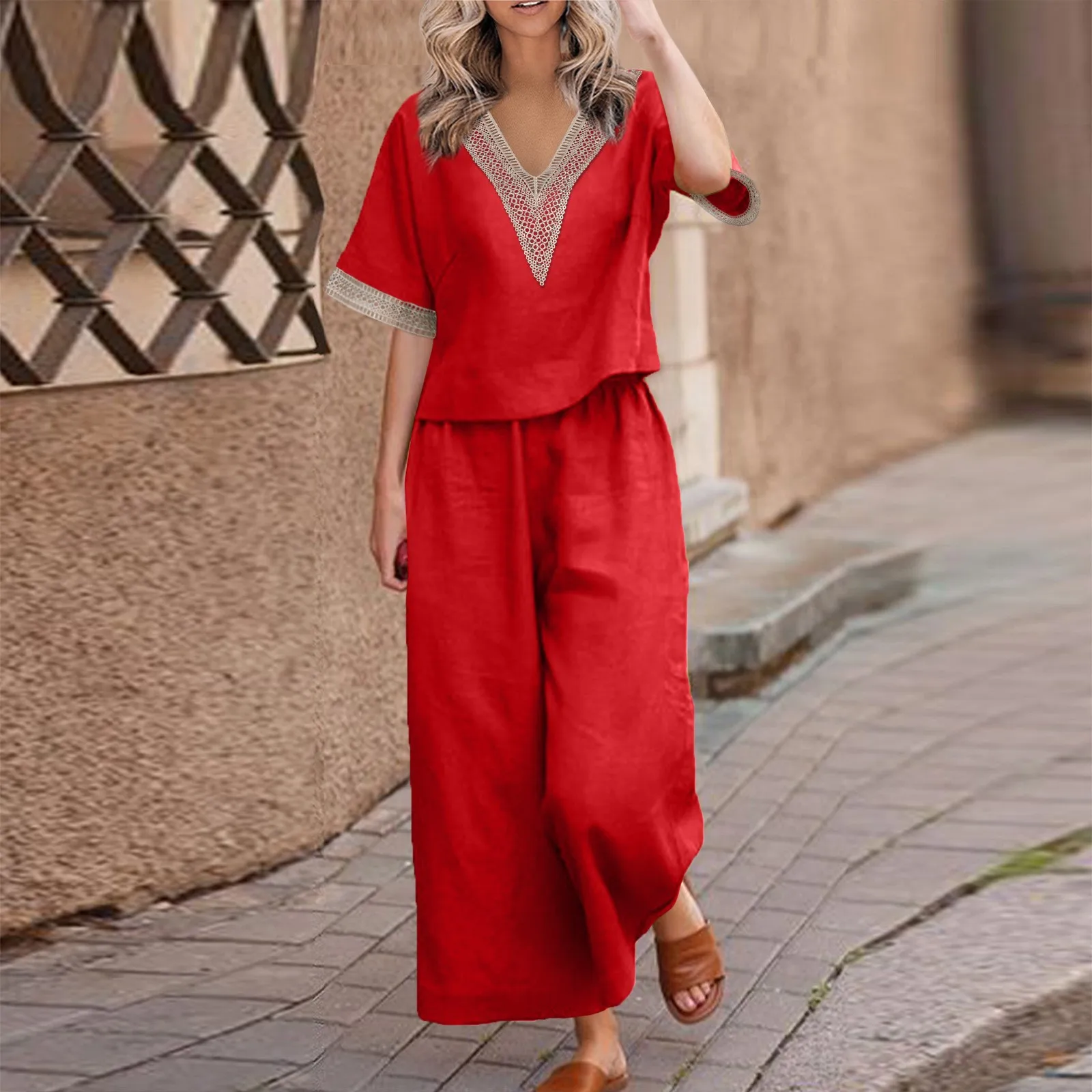 Two Pieces Loose Casual Cotton and Linen Solid Color V-neck Top Cropped Pants Spring Summer Fashionable Simple Women Clothing