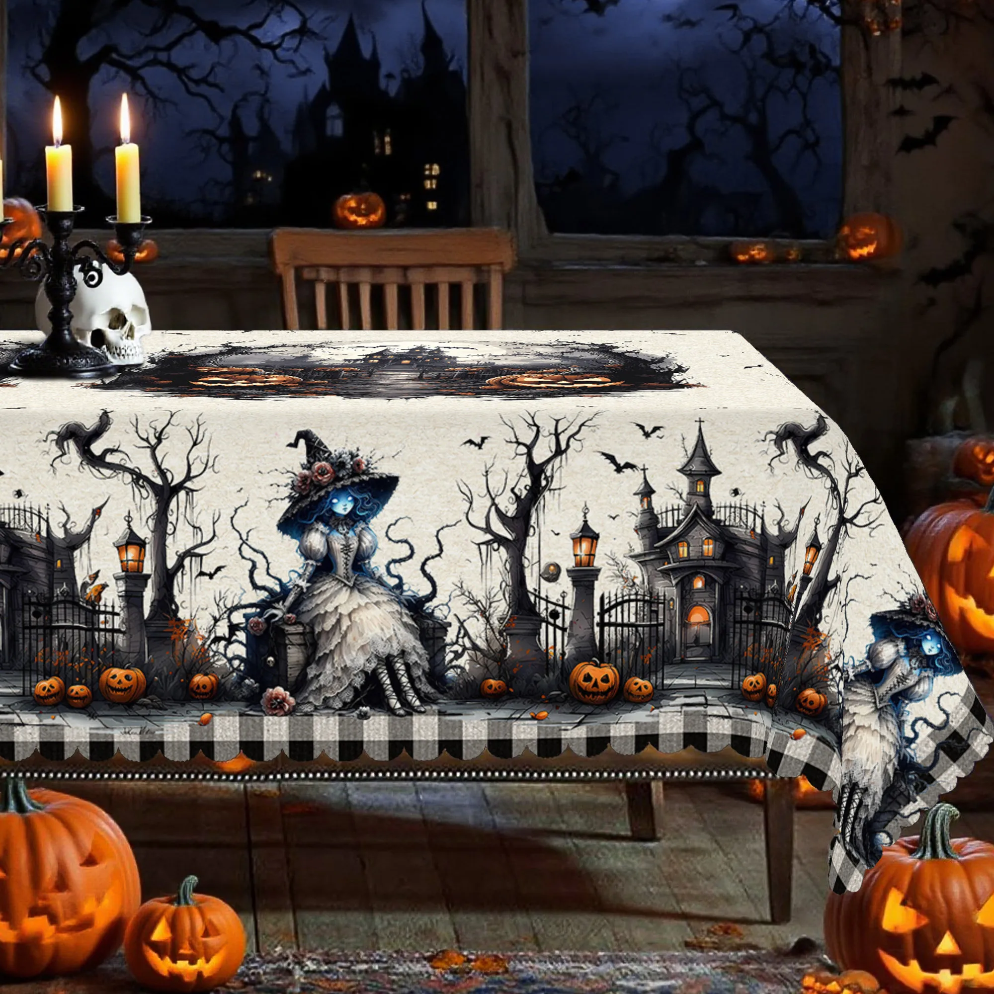 One tablecloth with Halloween patterns featuring haunted castle and pumpkins