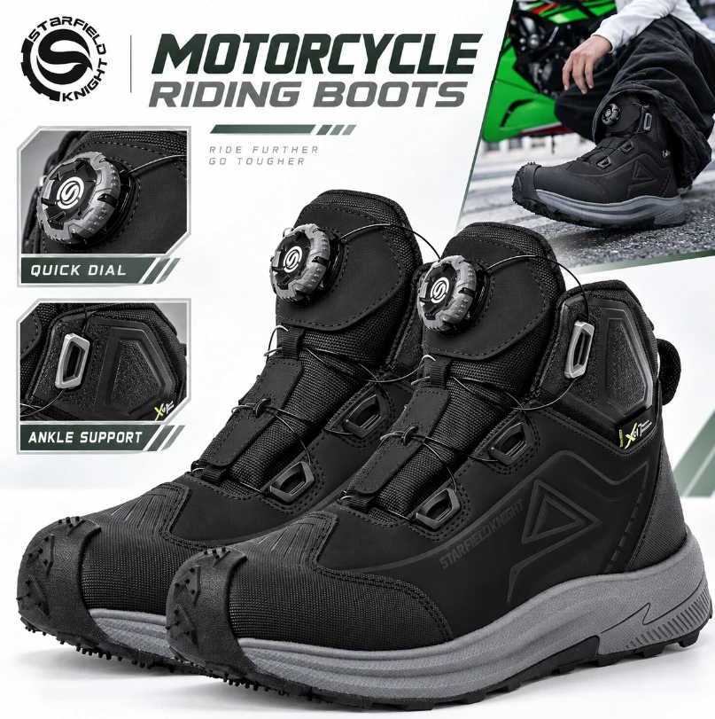 STARFIELD KNIGHT Motorcycle Riding Boots Men Quick Dial Mid High Touring Shoes with Ankle Support for Outdoor Riding